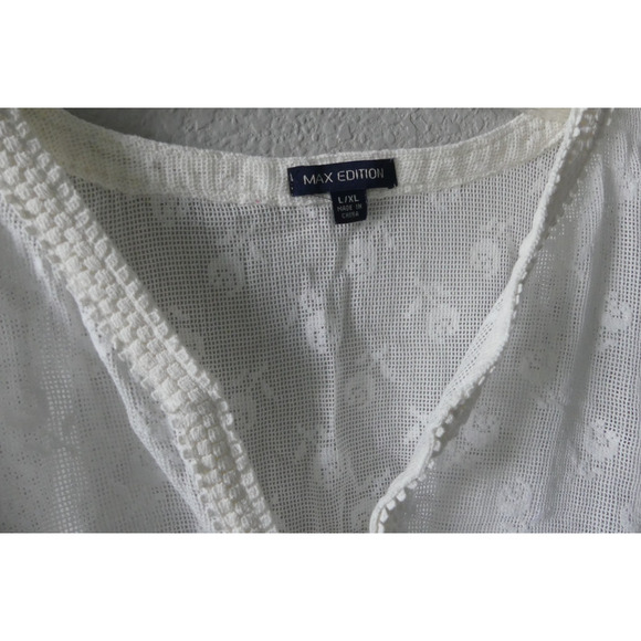 Max Edition Floral Lace Kaftan Shirt Women L/XL Batwing Sleeve Sheer Fringe Trim - Picture 4 of 13